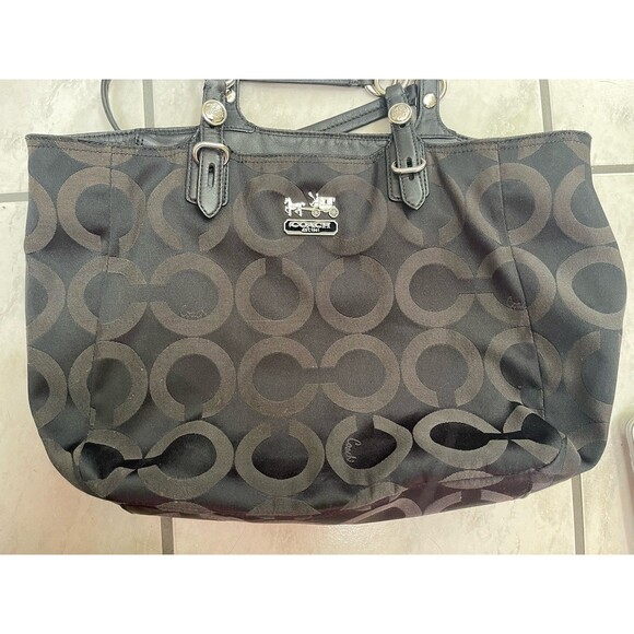 COACH SIGNATURE MIA OP ART TOTE SHOULDER BAG J1182-F15758 Black Purple Lining - Picture 2 of 16